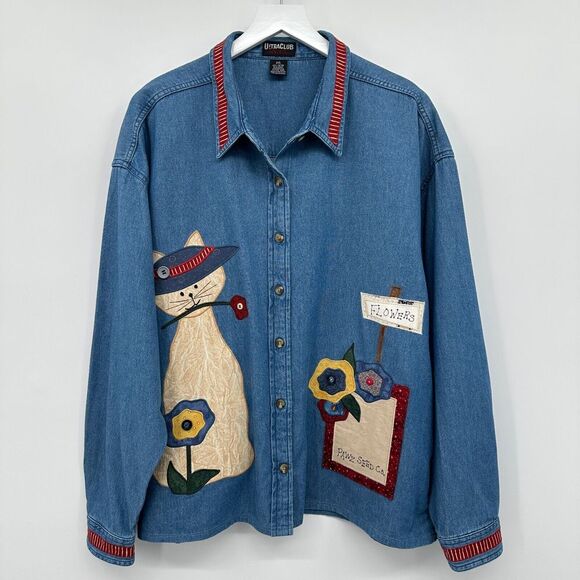 Vintage Denim Top Shirt Jacket Blouse Plus Size 2X Cat Floral Applique Button Up - Picture 1 of 13